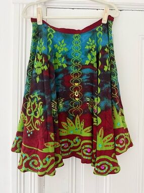 Lapis Vibrant Boho Silk Circle Skirt in Turquoise, Burgundy & Lime